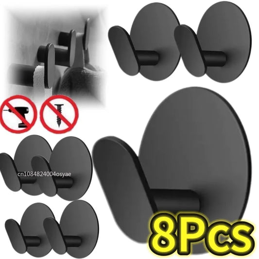 1-8pcs Black Self Adhesive Wall Hooks Hangers Key Holder Towel Holder Bathroom Organizer Rack Kitchen Strong Adhesive Wall H…