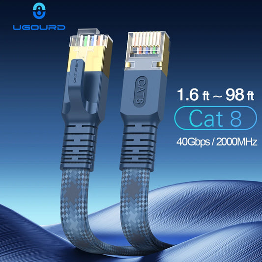CAT 8 Flat Network Internet Cable 40Gbps 2000MHz Round RJ45 Nylon Braided LAN Cable Patch Cord for Modem Router PC PS4/5/6 X…