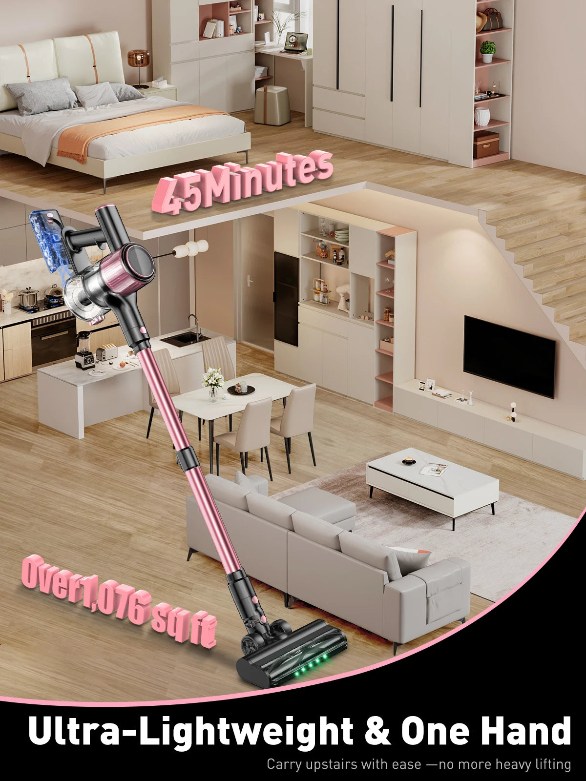 Cordless Vacuum Cleaner, 55Kpa/500W/45min 10 in 1 Powerful Stick Vacuum Cleaner for Home Pet Hair/Hard Floor/Carpet - image 4