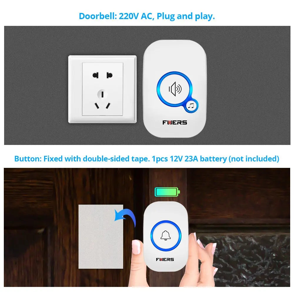 Fuers Wireless Doorbell Waterproof Welcome Chime Home Door Bell Intelligent 32 Songs Smart Alarm With Battery For Store Hote…