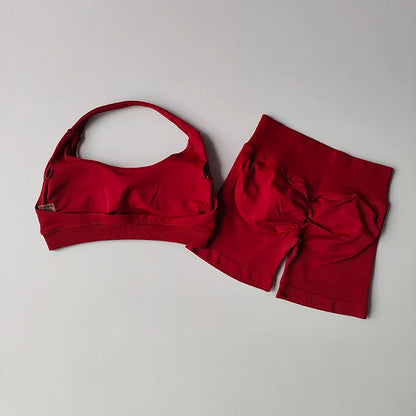 Sexy Halter Neck Beautiful Back High Waist Peach Sports Bras Shorts Suit Pilates Gathering Yoga Vest Training Fitness Bra Se…