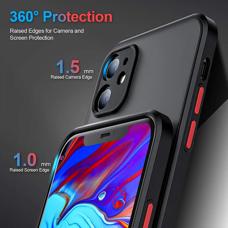 Shockproof Armor Matte Case For iPhone 11 12 13 14 15 16 Pro X XR XS Max 7 8Plus Luxury Silicone Bumper Clear Hard PC Cover…