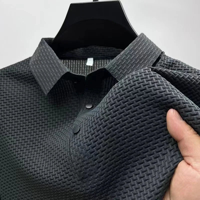 New Men's Business Casual Short Sleeved Bone Flower Solid Color POLO Shirt Fashion Breathable Comfortable Summer Versatile T…