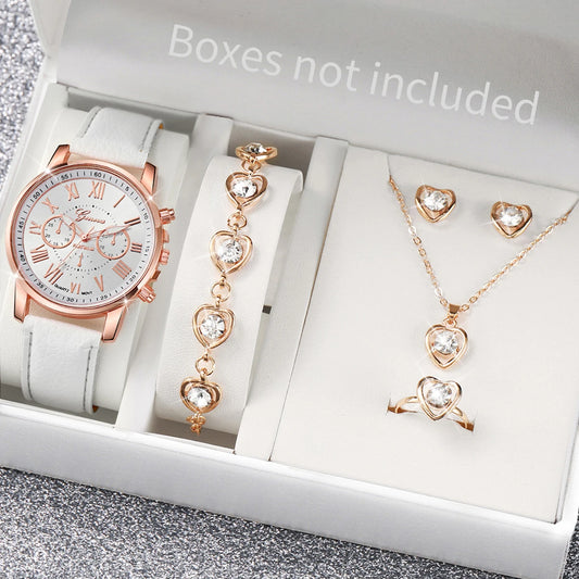 5/6PCS Fashion Women's Quartz Watch Leather Band Analog Wrist Watches Heart Rhinestone Jewelry Set(Without Box) - image 2