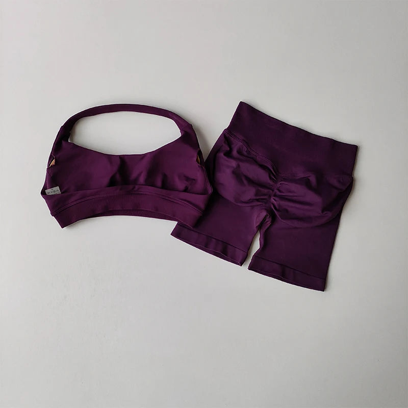 Sexy Halter Neck Beautiful Back High Waist Peach Sports Bras Shorts Suit Pilates Gathering Yoga Vest Training Fitness Bra Se…