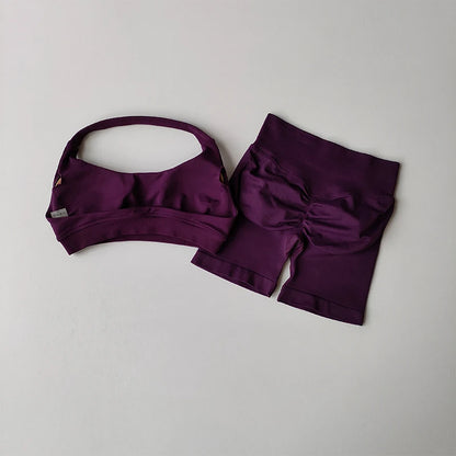 Sexy Halter Neck Beautiful Back High Waist Peach Sports Bras Shorts Suit Pilates Gathering Yoga Vest Training Fitness Bra Se…