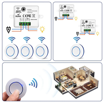RF 433MHz Wireless Light Switch 220V 110V 10A Relay Controlle Mini Round Button Wall Panel Switch Remote Control For LED Lam…