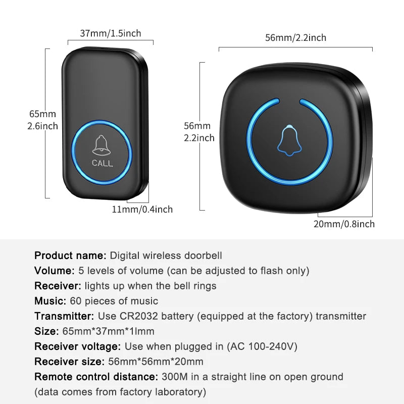 Wireless Doorbell Intelligent Welcome Door Bell 300M/984 FT Remote 60 Songs Melodies Home Smart Doorbell US EU UK Plug Optio…