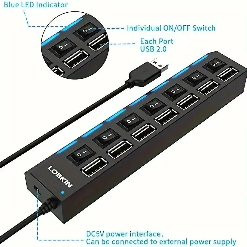 High Speed 4/7 Ports USB HUB 2.0 Adapter Expander Multi USB Splitter Multiple Extender with LED Lamp Switch for PC Laptop -…