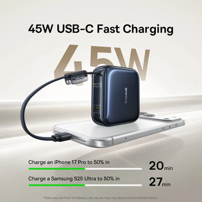 Baseus 45W Mini Power Bank 10000mAh Built-In USB-C Cable Pocket-Sized Smaller Fast Charging Portable For iPhone 17 Samsung S…