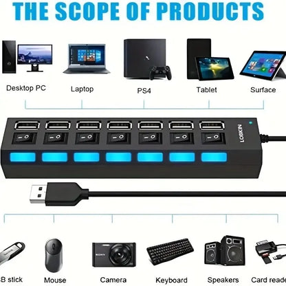 High Speed 4/7 Ports USB HUB 2.0 Adapter Expander Multi USB Splitter Multiple Extender with LED Lamp Switch for PC Laptop -…
