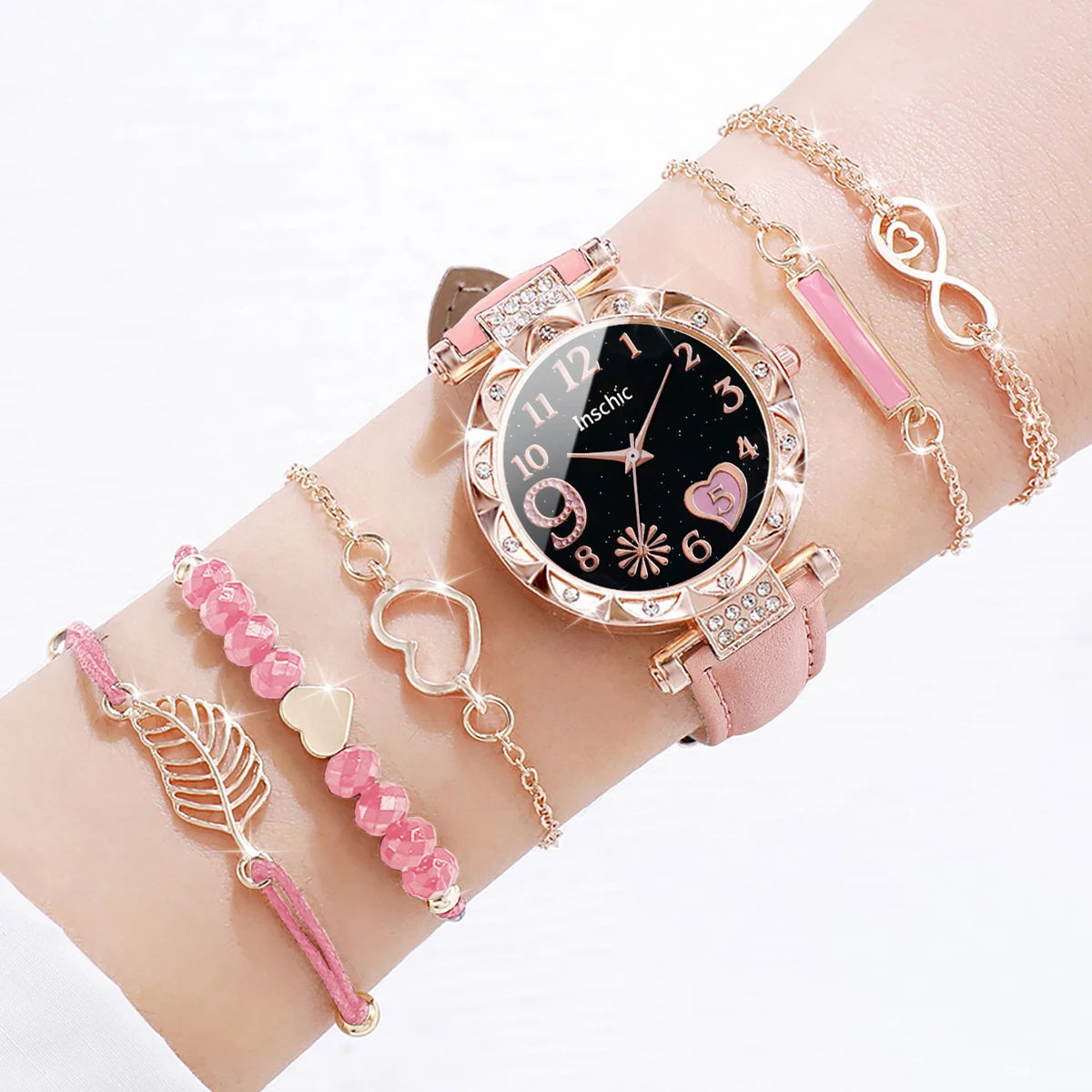 6PCS/Set Fashion Heart Dial Women's Watch Casual Leather Band Analog Quartz Watch Leaf Bracelets Set（Without Box） - image 6