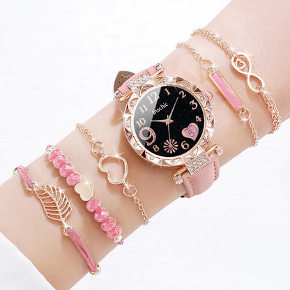 6PCS/Set Fashion Heart Dial Women's Watch Casual Leather Band Analog Quartz Watch Leaf Bracelets Set（Without Box） - image 6