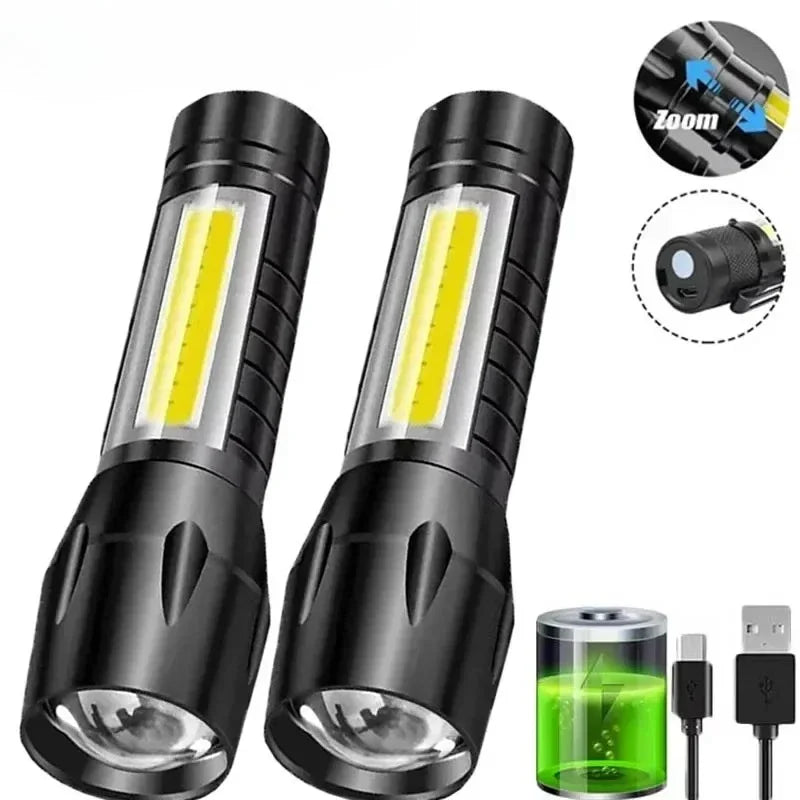 Mini LED Flashlight COB+XPE Portable Torch USB Charging Camping Lantern Zoomable Focus Light Tactical Flashlight with Pen Cl…