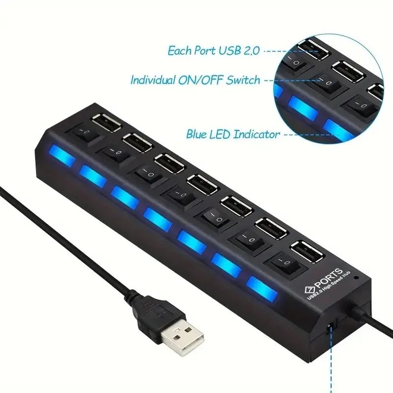 High Speed 4/7 Ports USB HUB 2.0 Adapter Expander Multi USB Splitter Multiple Extender with LED Lamp Switch for PC Laptop -…