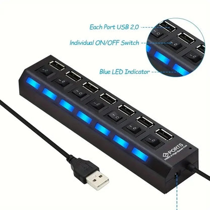 High Speed 4/7 Ports USB HUB 2.0 Adapter Expander Multi USB Splitter Multiple Extender with LED Lamp Switch for PC Laptop -…