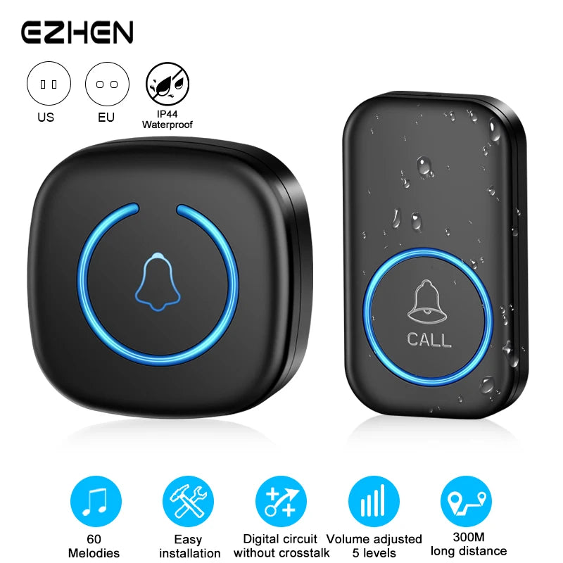 Wireless Doorbell Intelligent Welcome Door Bell 300M/984 FT Remote 60 Songs Melodies Home Smart Doorbell US EU UK Plug Optio…