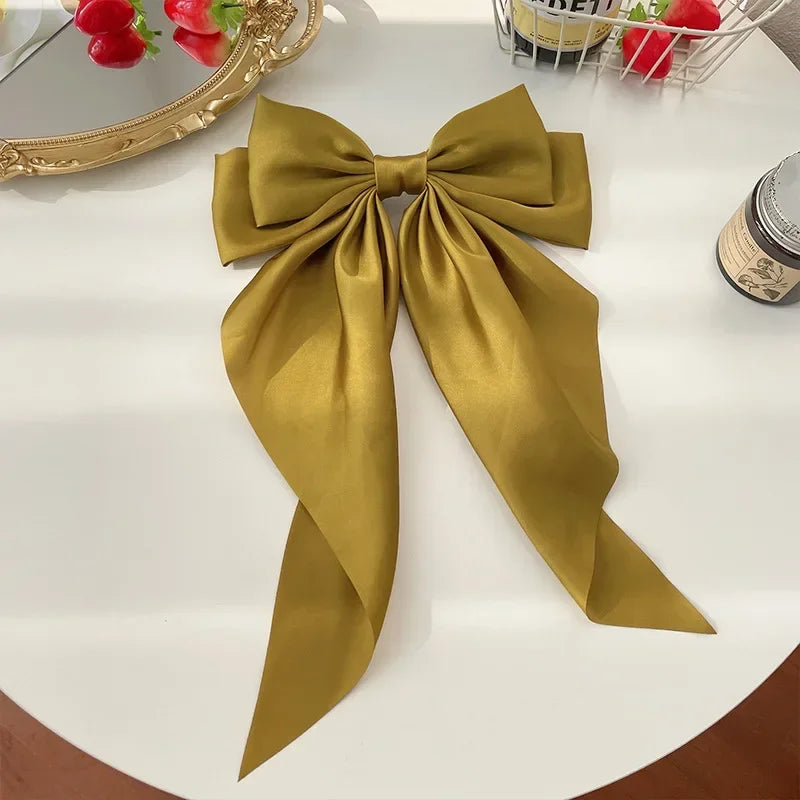 Korean Accessories Hair Clips for Women Girls Big Bowknot Solid Satin Long Ribbon Bows Spring Clamp Barette Cheveux Femme 20…