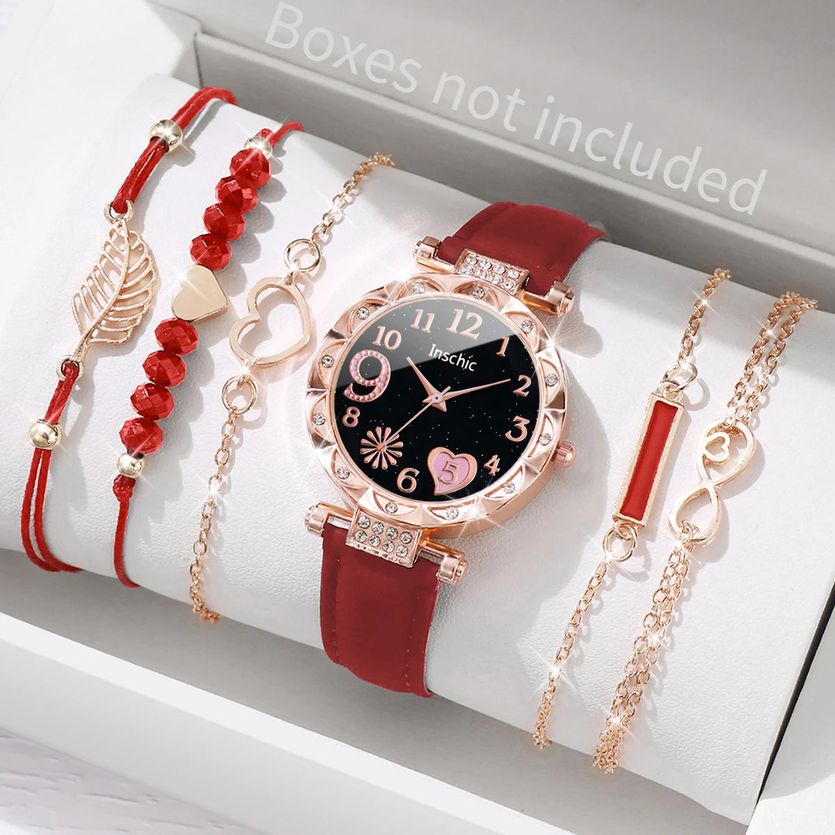 6PCS/Set Fashion Heart Dial Women's Watch Casual Leather Band Analog Quartz Watch Leaf Bracelets Set（Without Box） - image 2