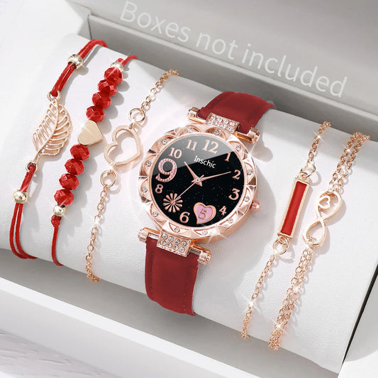 6PCS/Set Fashion Heart Dial Women's Watch Casual Leather Band Analog Quartz Watch Leaf Bracelets Set（Without Box） - image 2