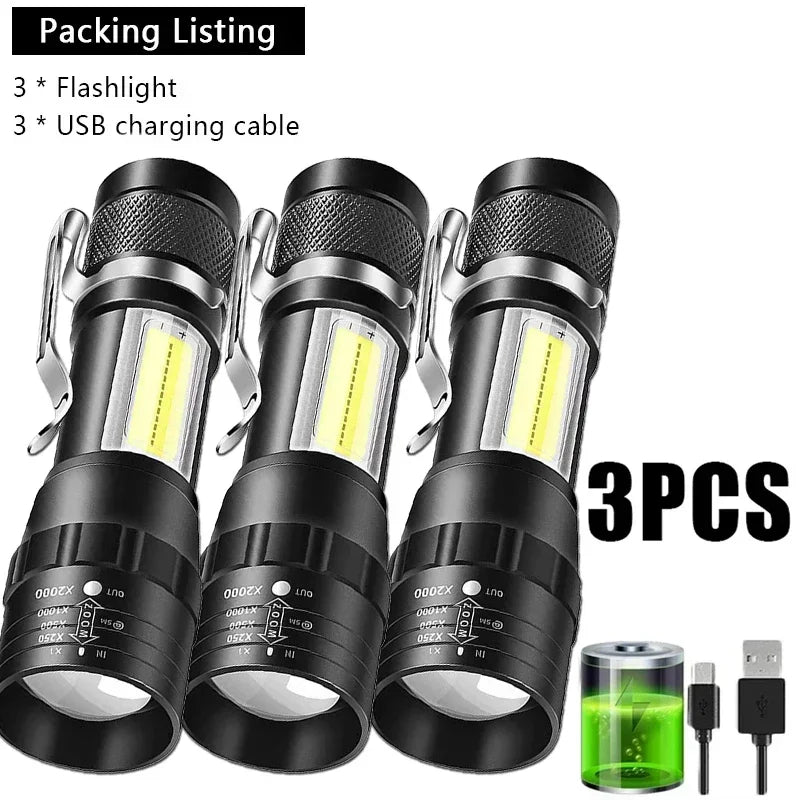 Portable Rechargeable LED Flashlight with Pen Clip Zoomable Waterproof Torch with Side Light Outdoor Camping Emergency Lante…