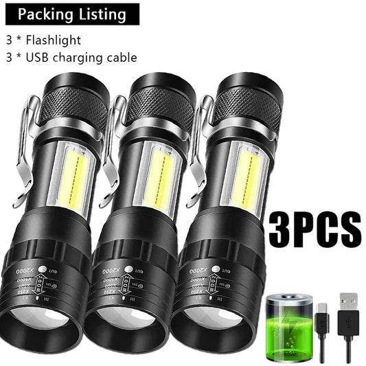 Portable Rechargeable LED Flashlight with Pen Clip Zoomable Waterproof Torch with Side Light Outdoor Camping Emergency Lante…