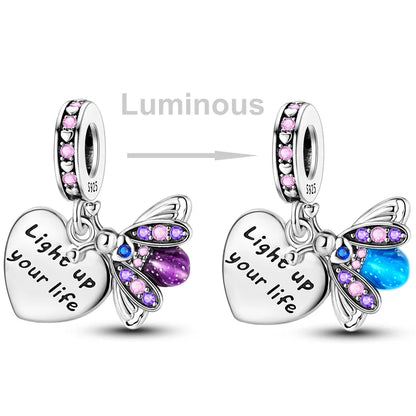 2026 Hot Sale Charms Bead 925 Sterling Silver Pink Butterfly Luminous Firefly Dangle Fit Bangle Bracelet Necklace DIY Jewelr…