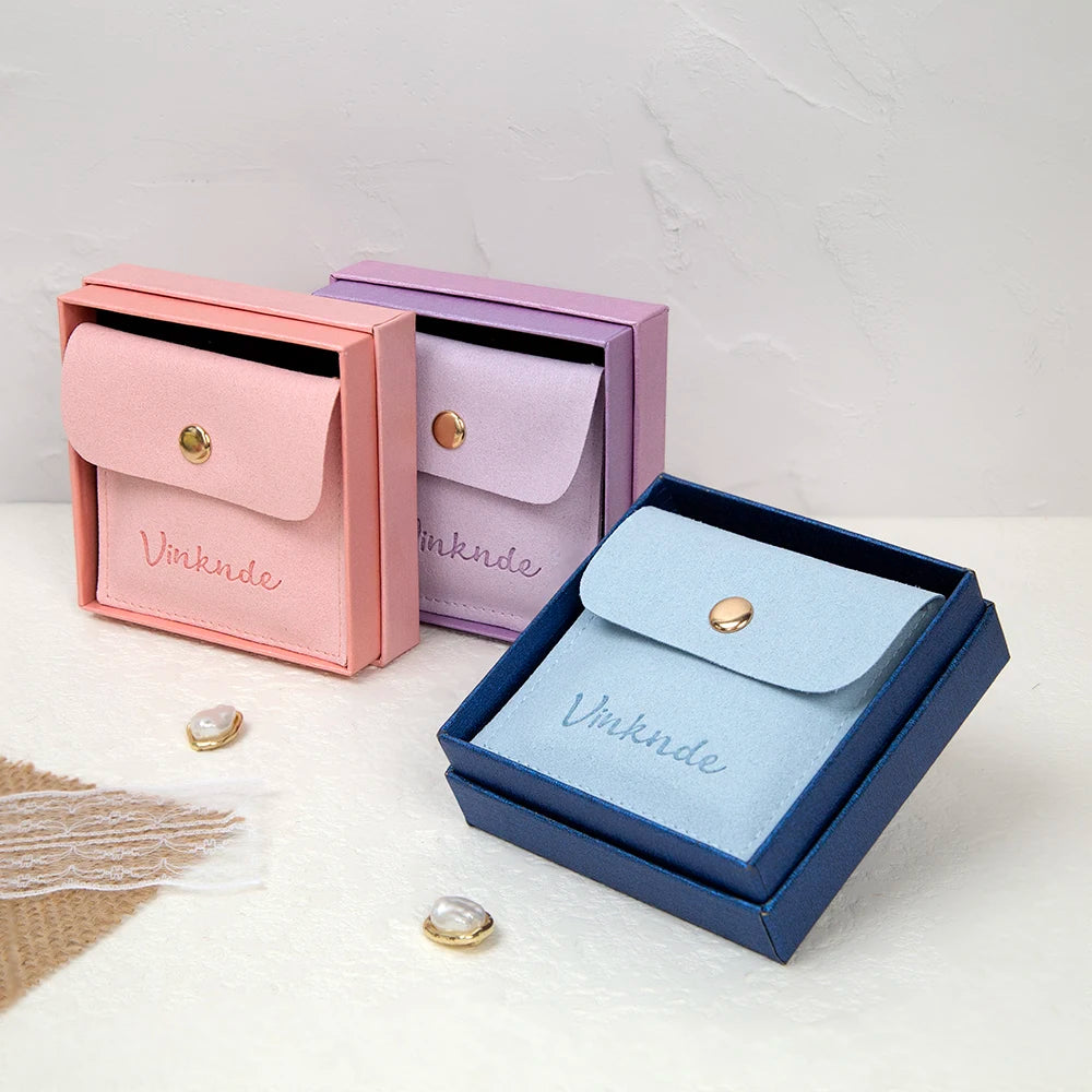 24/50/100Set Personalized Logo 9x9x3cm Jewelry Paper Box With 8x8cm Microfiber Snap Bag Jewellery Earrings Rings Brooch Boxe…