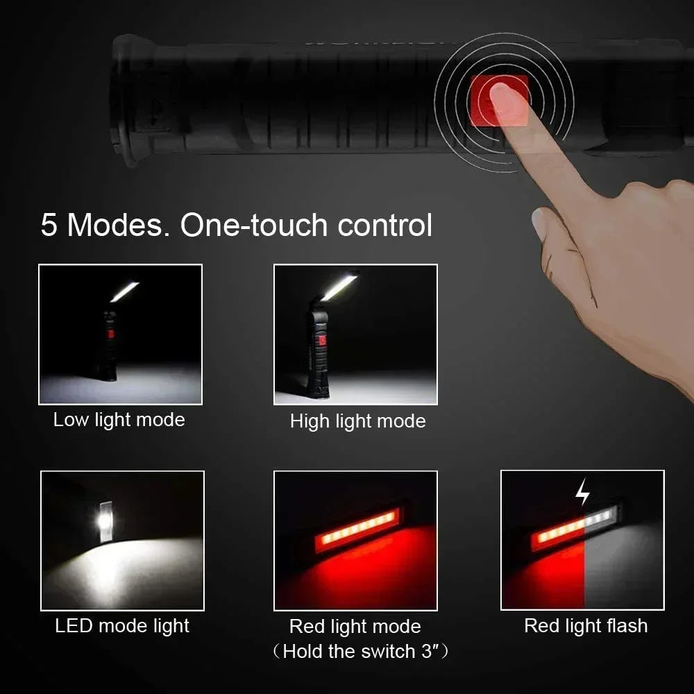 Portable COB LED Work Light USB Rechargeable LED Flashlight Inspection Lamp With Magnetic Hook Power Bank 18650 Battery Torc…
