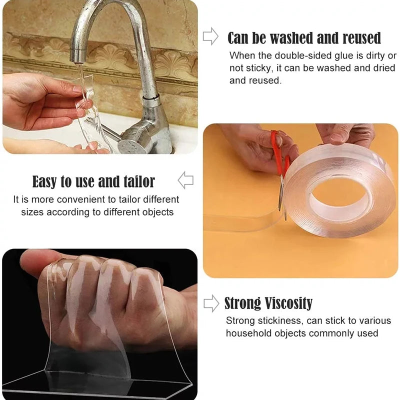1/3/5M Double Sided Tape Transparent Acrylic Reusable Waterproof Adhesive Tracsless Tape Gadget Cinta Doble Cara Nano Tapes…