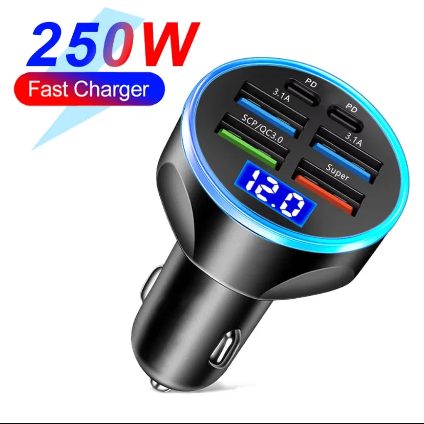 250W PD Car Charger QC3.0 Fast Charge two to Six Port Car Cigarette Lighter Plug Car Charger Flash Charge with Digital Displ…