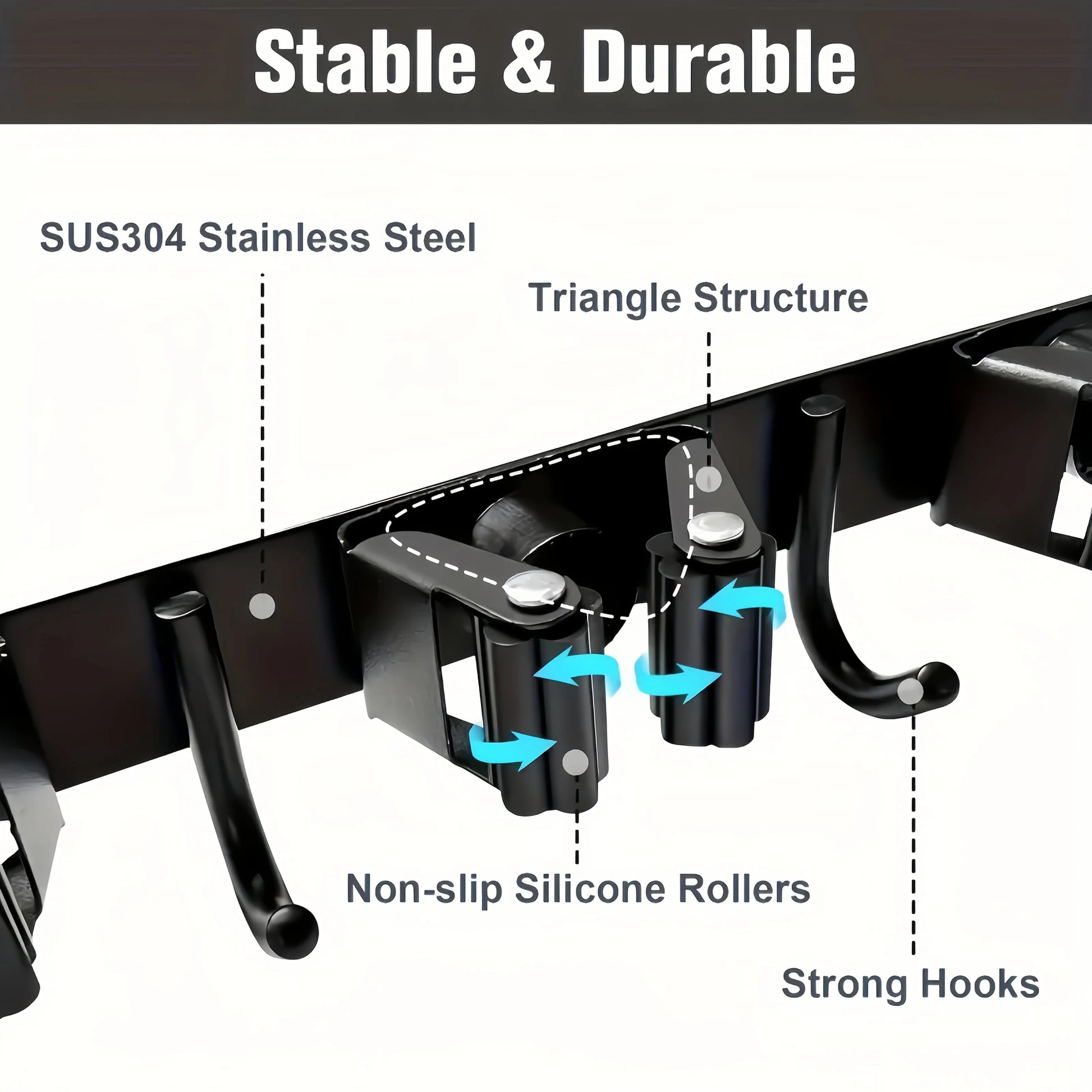 1 Heavy-Duty Metal Tool Rack with 4 Slots and 5 Hooks - Wall-Mounted Storage for Garden Tools, Brooms, Mops, and Garage Equi…