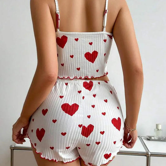 Women's Pajamas Set Sleepwear 2 PCS Short Tank Tops And Shorts S M L White Ventilate Soft Casual Love Printing - image 2
