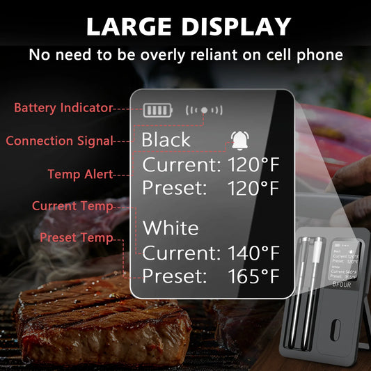 Wireless Bluetooth Meat Thermometer IP67 Waterproof Probes with LCD Screen Booster Rechargeable for Grilling Smoker BBQ Oven…