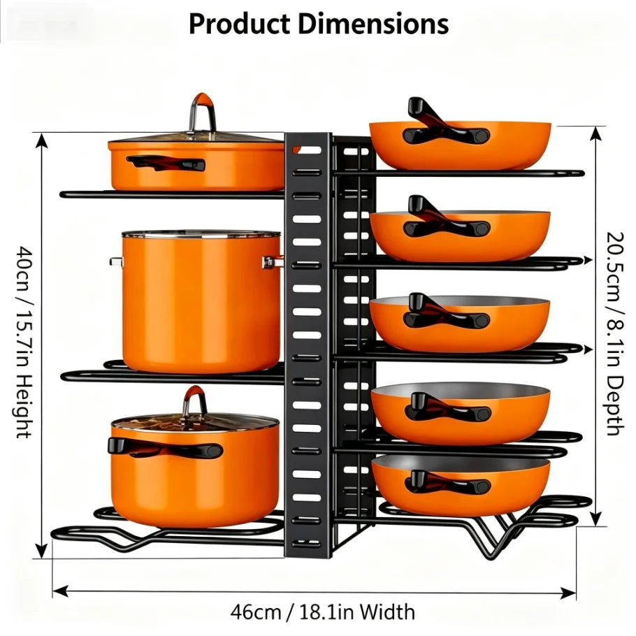 HTMCK Space-Saving 8-Tier Pot Rack Organizer - Durable Metal Holder for Pans, Pots, and Lids to Keep Your Kitchen Neat and T…