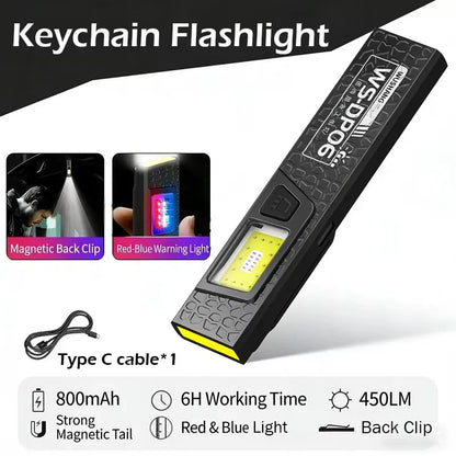 Powerful Mini COB LED Keychain Flashlight USB C Rechargeable Hanging Work Light Waterproof Keyring Camping Walking Pocket La…