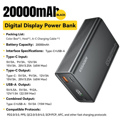 Essager Power Bank 20000mAh Portable PD 65W Fast Charging Mobile Phone External Battery Powerbank For IPhone17 16 15 Laptop…