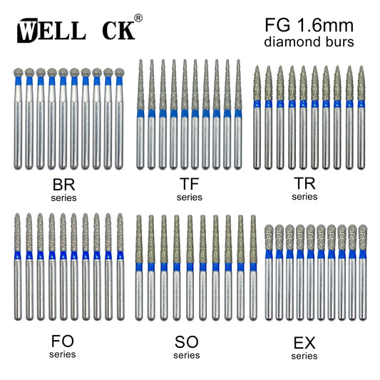 10Pcs/Pack WellCK Dental Diamond Burs Drill 59 Sizes FG 1.6mm Bur for High Speed Handpiece Dentistry Tools