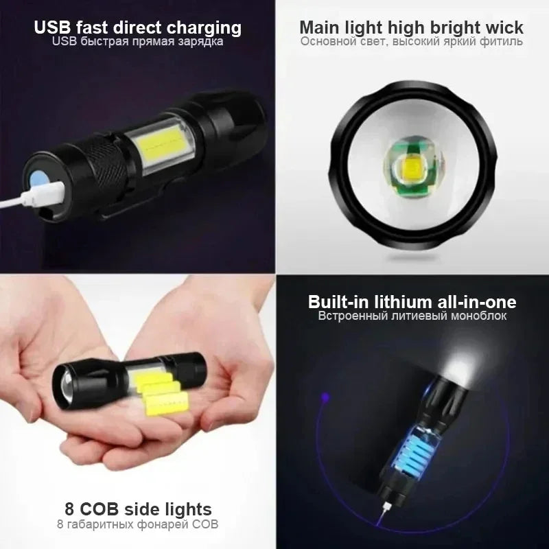 USB Rechargeable Mini Flashlight COB+XPE Portable Built-in Battery Zoomable Small Torch 3 Mode Camping Emergency Flashlights…