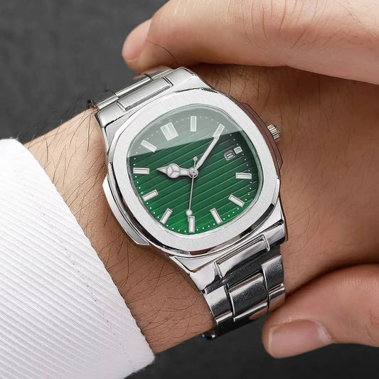 Luxury Men Business Watches Fashion Square Dial Stainless Steel Strap Quartz Watch with Calendar For Mens Clock（Without Box）…