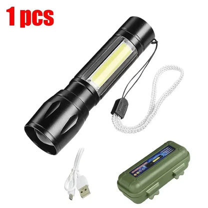 Mini LED Flashlight COB+XPE Portable Torch USB Charging Camping Lantern Zoomable Focus Light Tactical Flashlight with Pen Cl…