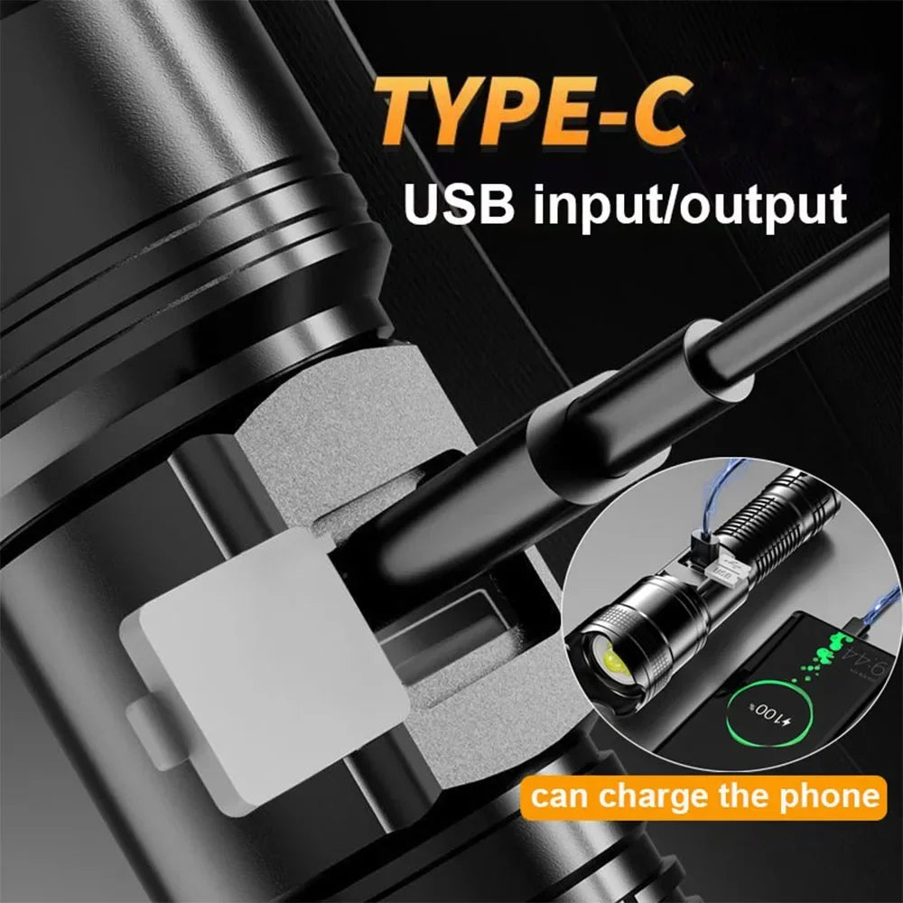 High Strong Power Led Flashlights 300000LM Tactical Torch with Display Light USB Charging Camping Fishing Defensa Zoom Lante…