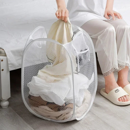 HOT New Folding Laundry Basket Organizer Dirty Clothes Bathroom Mesh Storage Bag Household Wall Hanging Frame Bucket Portabl…