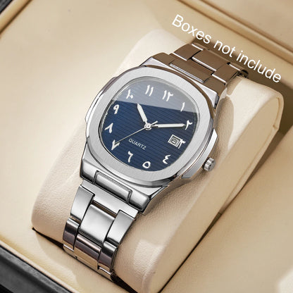 Luxury Men Business Watches Fashion Square Dial Stainless Steel Strap Quartz Watch with Calendar For Mens Clock（Without Box）…
