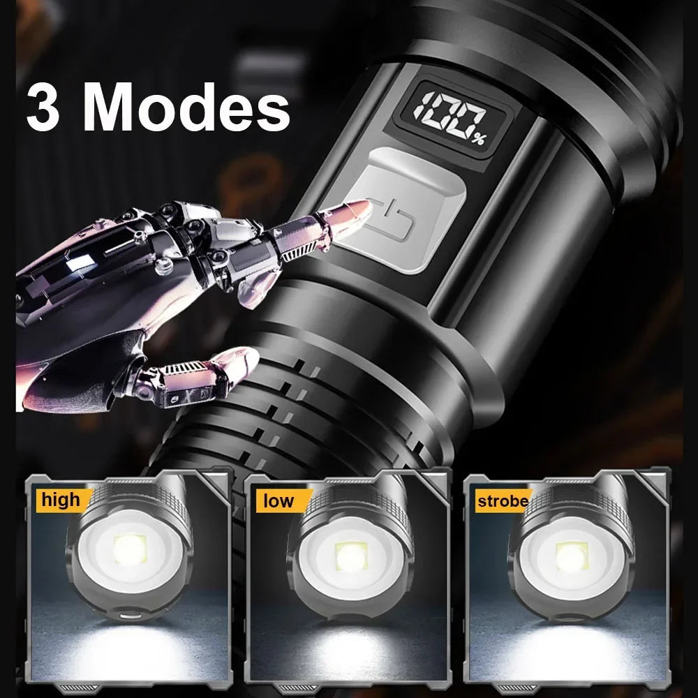 High Strong Power Led Flashlights 300000LM Tactical Torch with Display Light USB Charging Camping Fishing Defensa Zoom Lante…
