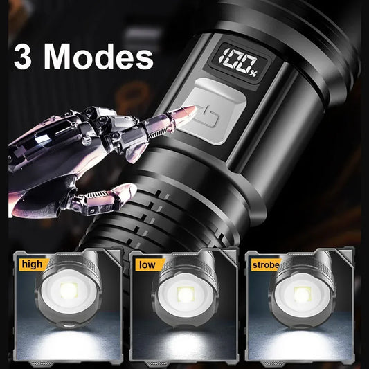 High Strong Power Led Flashlights 300000LM Tactical Torch with Display Light USB Charging Camping Fishing Defensa Zoom Lante…