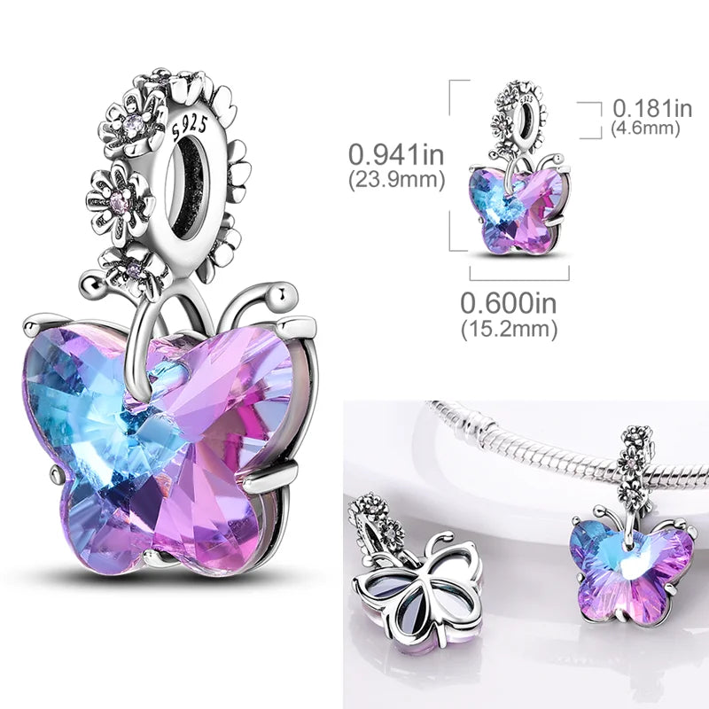 2026 Hot Sale Charms Bead 925 Sterling Silver Pink Butterfly Luminous Firefly Dangle Fit Bangle Bracelet Necklace DIY Jewelr…