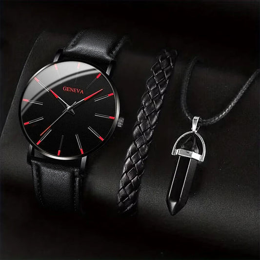 3PCS/Set Men Business Watches Casual Leather Band Analog Male's Quartz Watch Necklace Bracelet Set - image 2