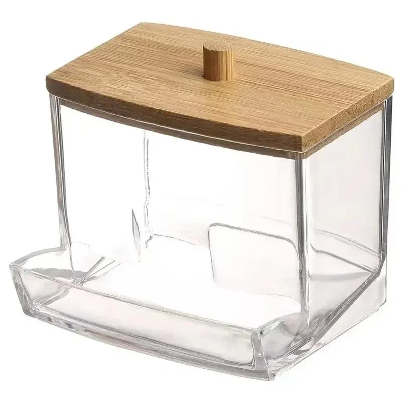 Cotton Swab Storage Box Double Head Cotton Buds Container Transparent Square Bamboo Cover Cotton Swab Toothpick Organize Box…