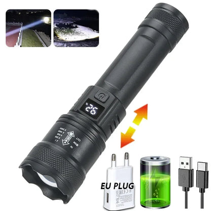 High Strong Power Led Flashlights 300000LM Tactical Torch with Display Light USB Charging Camping Fishing Defensa Zoom Lante…